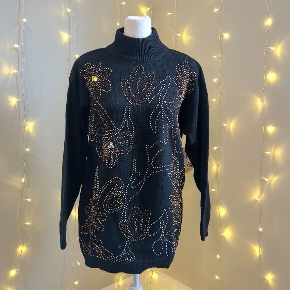 NWT Vintage 90s Cezanne Sweater Mock Neck Beaded Floral Black Size Small
